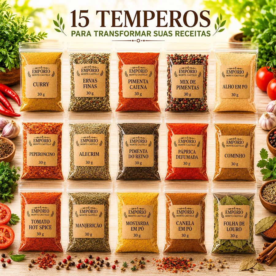 Kit Temperos e Condimentos Selecionados 15 Tipos 450G Escolha Seu Blend Especial Linha Monte Castelo