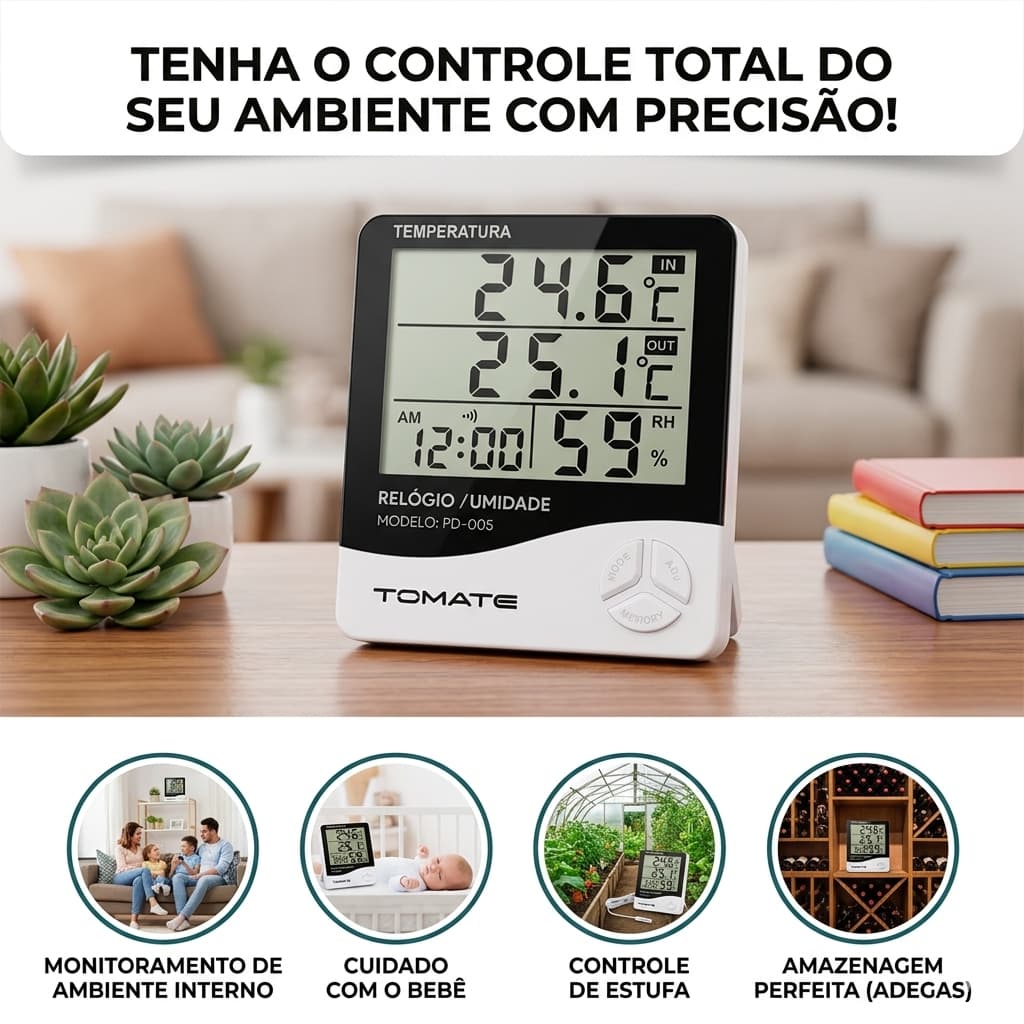 Termômetro Digital Ambiente Interno Externo com Higrômetro Relógio LCD Sensor de Temperatura Tomate