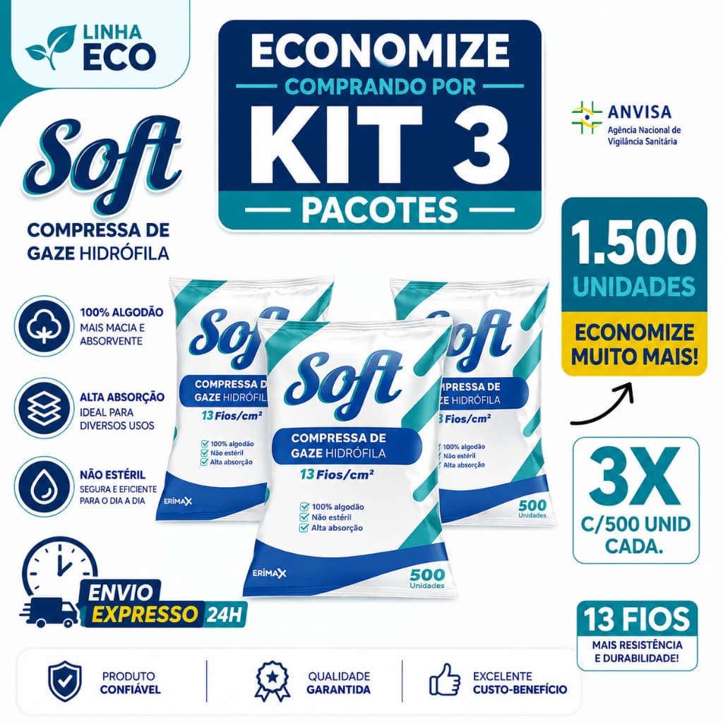 Kit 3 Compressa De Gaze 13 Fios 1500 Unidades Soft Hidrófila Gazes Descartável Anvisa