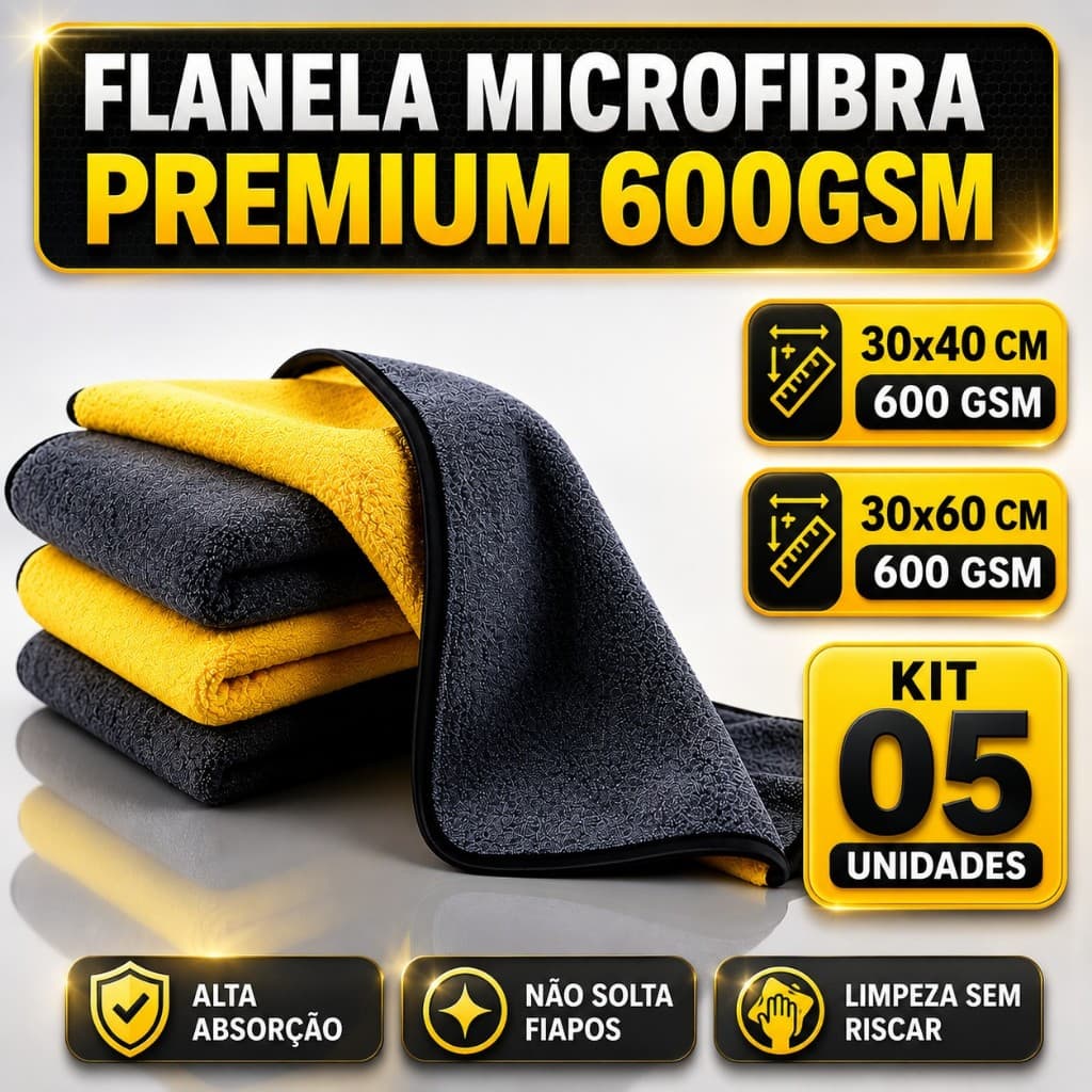 Kit 05 Pano Flanela Microfibra Automotiva 600GSM Premium Para Lavagem polimento de Carro