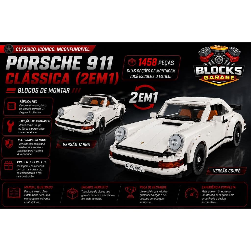 Blocos de Montar Lego Porsche 911 Clássico (2em1) 1458pcs Com Manual de Montagem  **SEM CAIXA(BOX)**