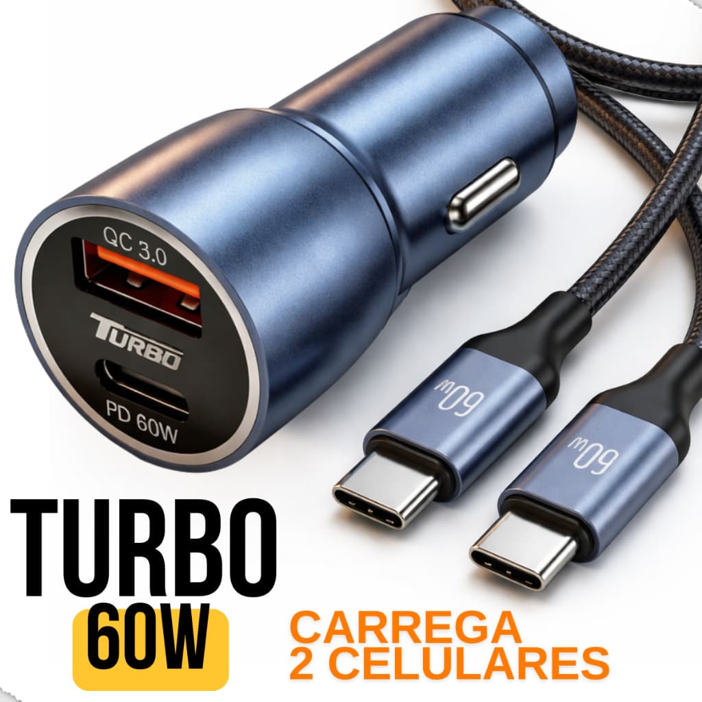Kit Carregador Celular Veicular Turbo 60W para Carro Cabo USB-C PD + USB QC 4.0 Carregamento Rapido