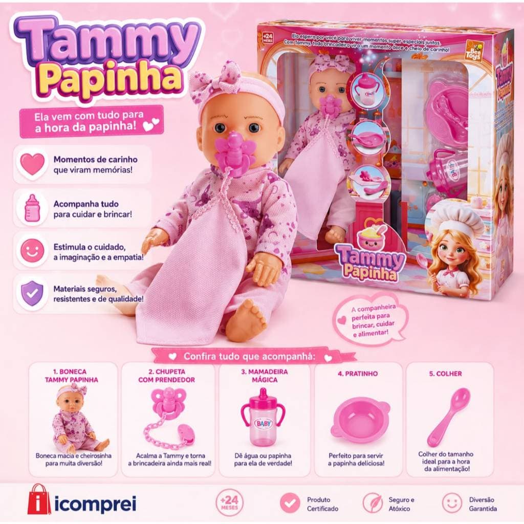 Boneca Tammy Papinha Comidinha Rosa Menina Bebe Cuidados Interativa Criança Chupeta Mamadeira