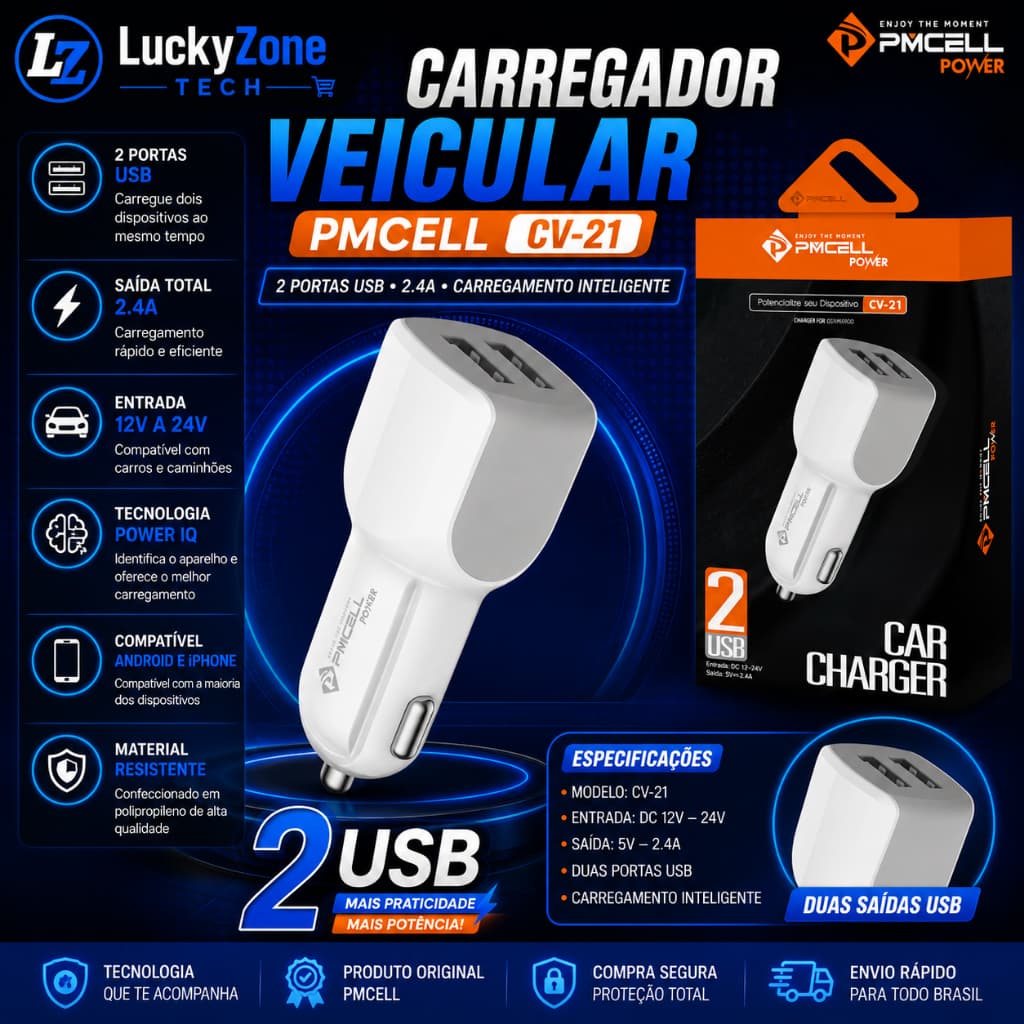 CARREGADOR VEICULAR PMCELL CV-21 | 2 PORTAS USB | 2.4A