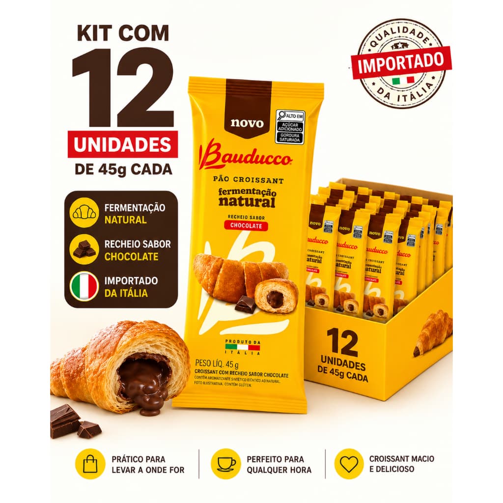 Croissant Bauducco Italiano Chocolate 45g Kit 12 Unidades Importado Itália