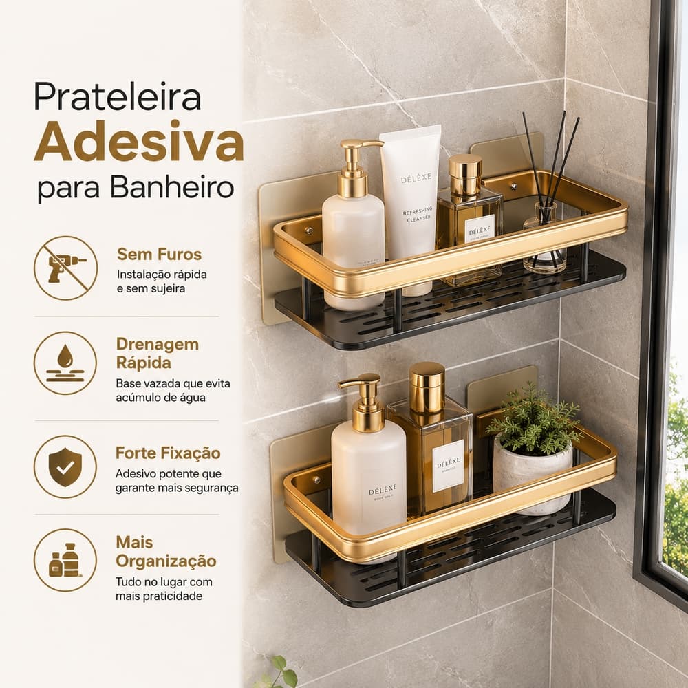 Prateleira Adesiva Para Banheiro Sem Furos Suporte Shampoo Sabonete Organizador Parede Drenagem Rápida