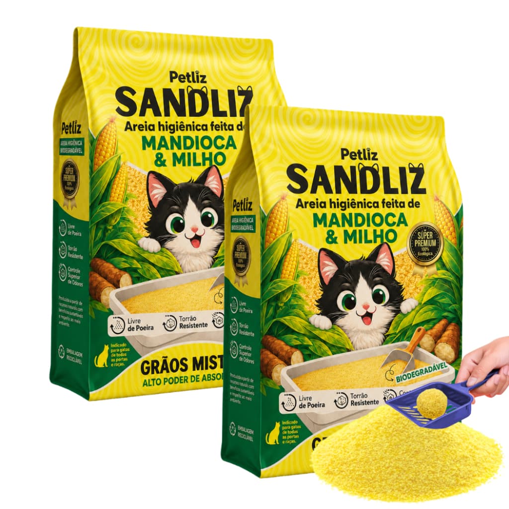 Kit 2 Areia Sanitária Higiênica Natural Premium Grãos Mistos Milho Mandioca Gato Sandliz Petliz 4 kg