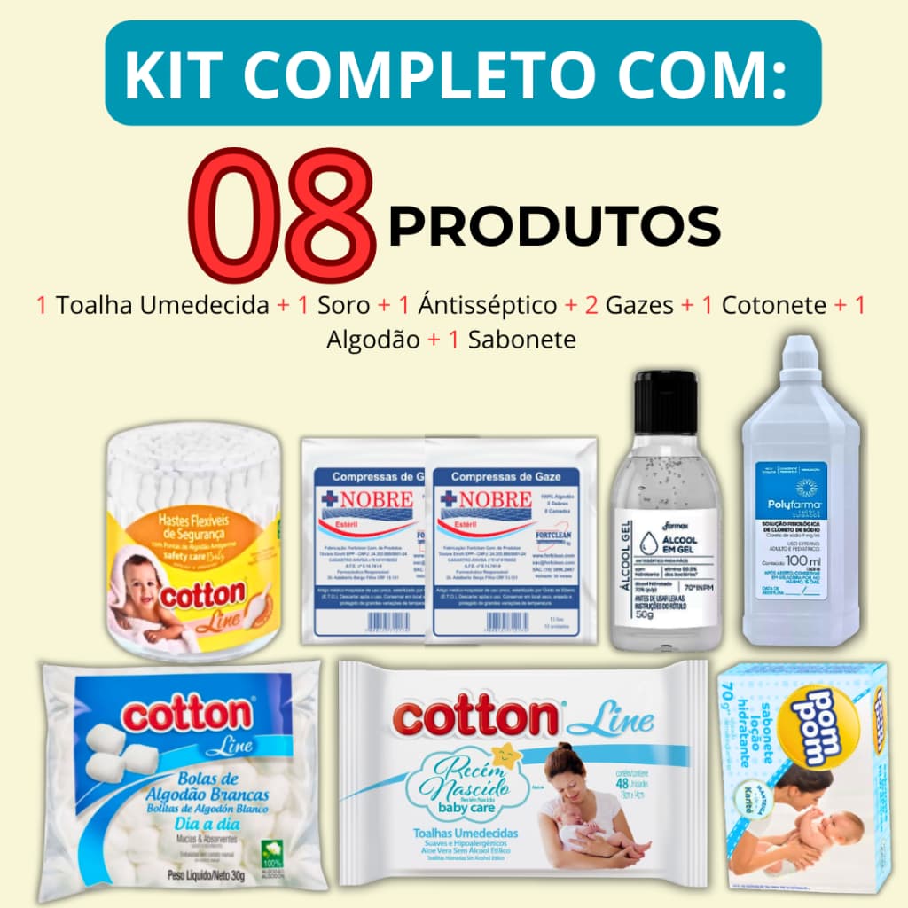 Kit Toalha Umedecida Higiene Bebê Recém-Nascido Kit C/ 8 Itens Cotonete+Soro+Gaze