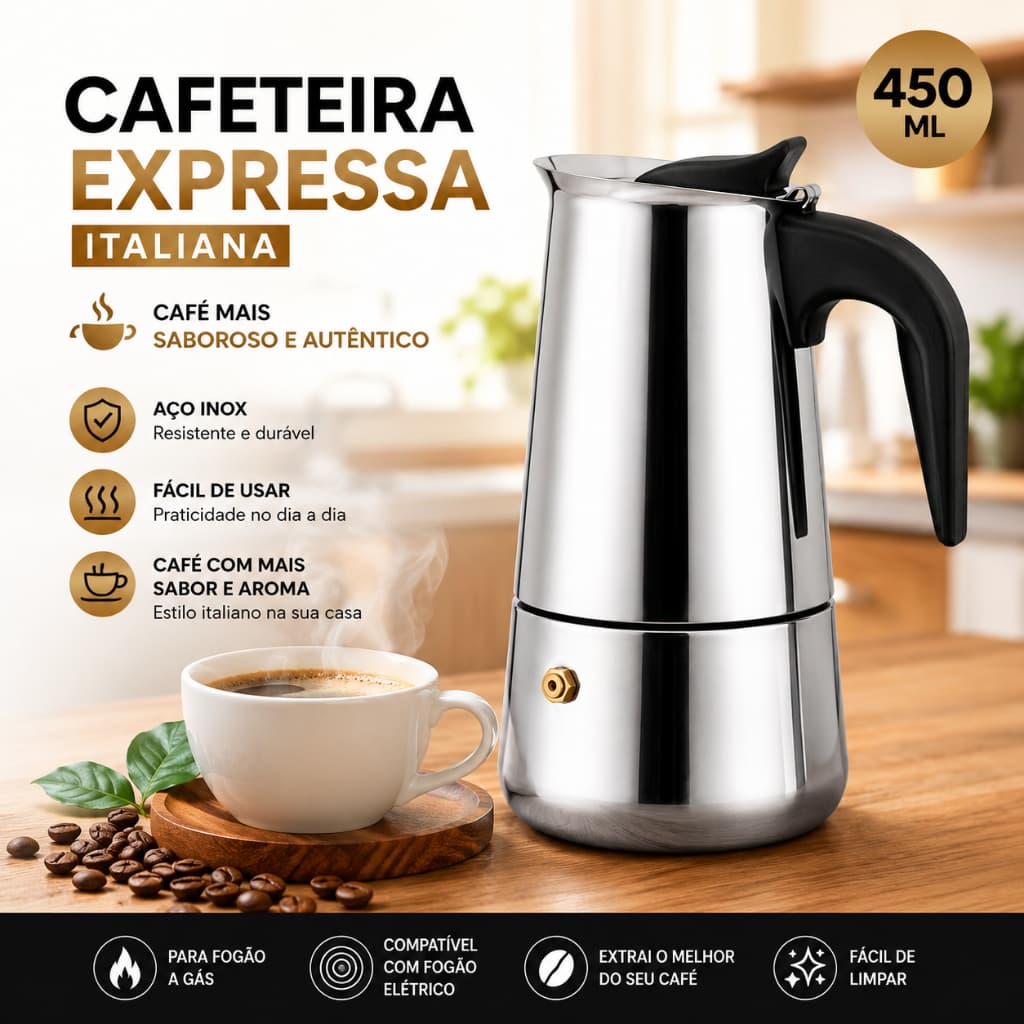 Cafeteira Italiana Luxo 450ml Aço Inox- Rende 9 Xicaras – Café Expresso no Fogão - Cafeteira Moka