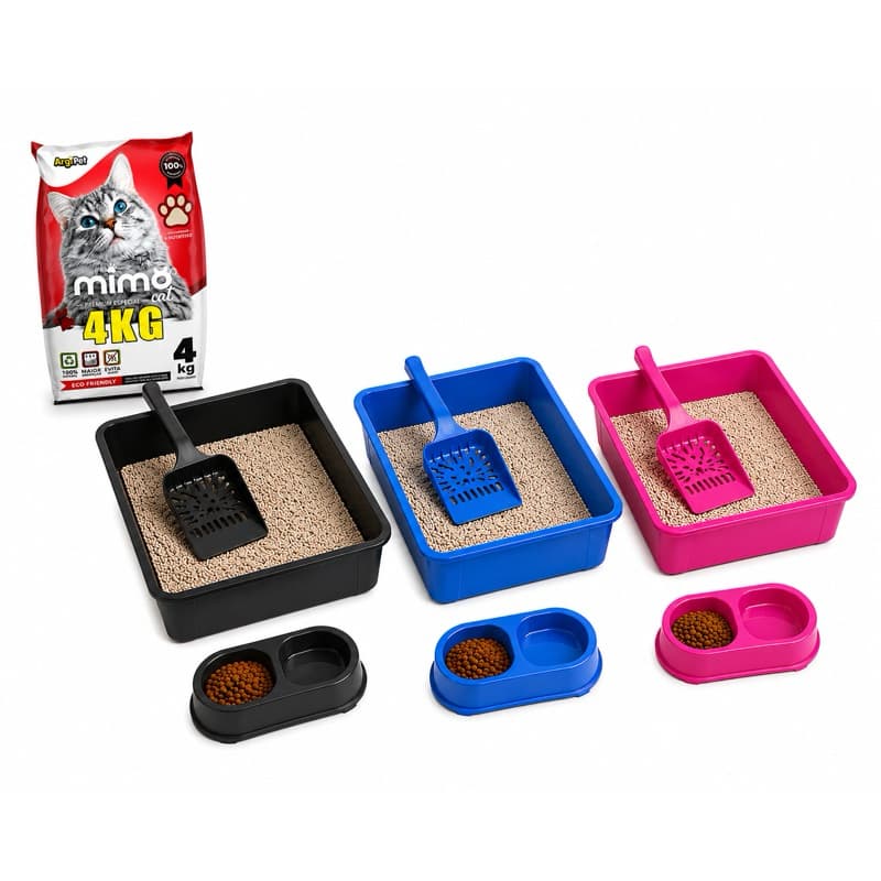 Caixa de Areia + Pazinha + Comedouro Duplo + Areia Sanitária 4kg Kit completo ou itens separados