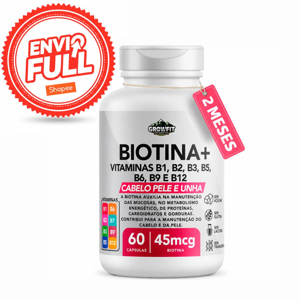 Biotina + Pele, Cabelo e Unhas, 45 mcg, Vitaminas B1, B2, B3, B5, B6, B9 e B12 Suplemento