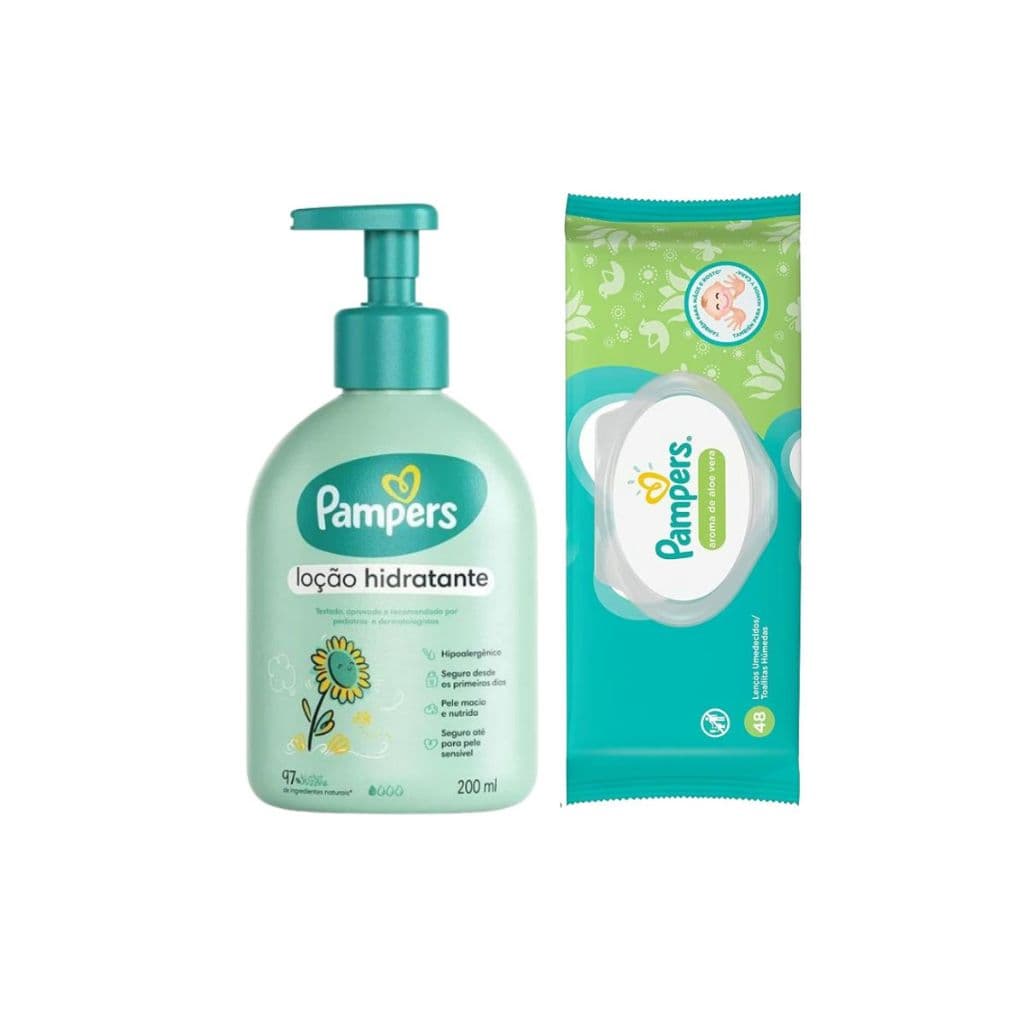 Pampers Hidratação E Cuidado – Kit Loção Hidratante Óleo De Girassol 200ml + Lenços Umedecidos Aloe Vera 48un