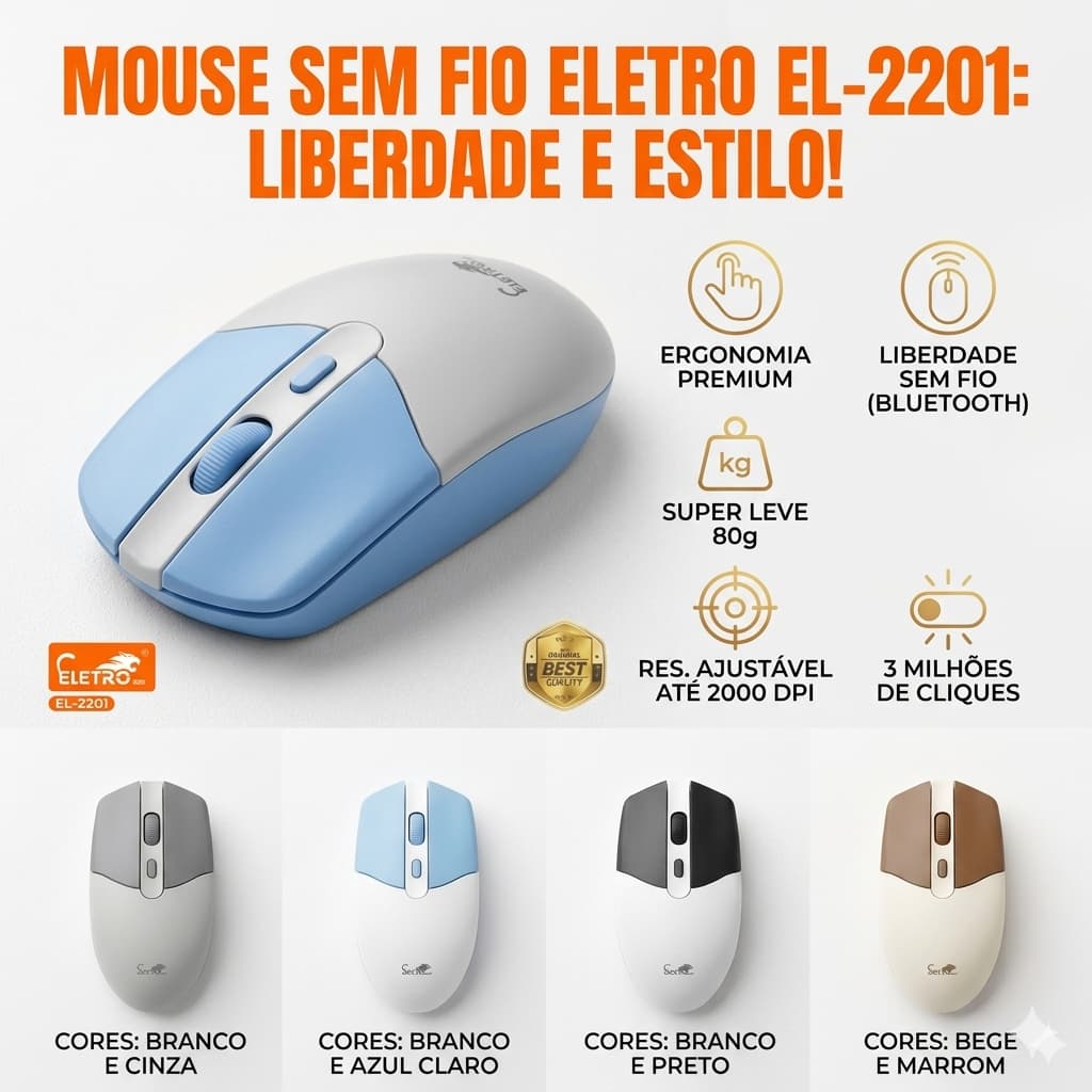 Mouse Sem Fio EL-2201 USB 2.4GHz 2000 DPI 4 Botões para Notebook PC e Home Office