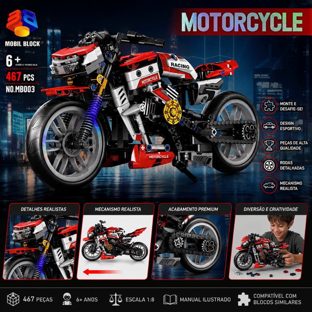 Blocos de Montar Moto de Corrida Racing 467 Peças Brinquedo Colecionável Tipo Lego Edição Limitada Mobil Block
