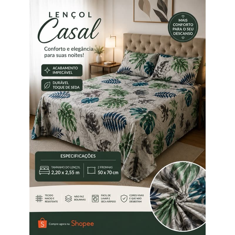 Jogo de Cama Casal kit 3 Peças Percal / Cama box, Queen Toque de Algodão Lençol 2,20x2,55 + 2 Fronhas 50x70 Luxo