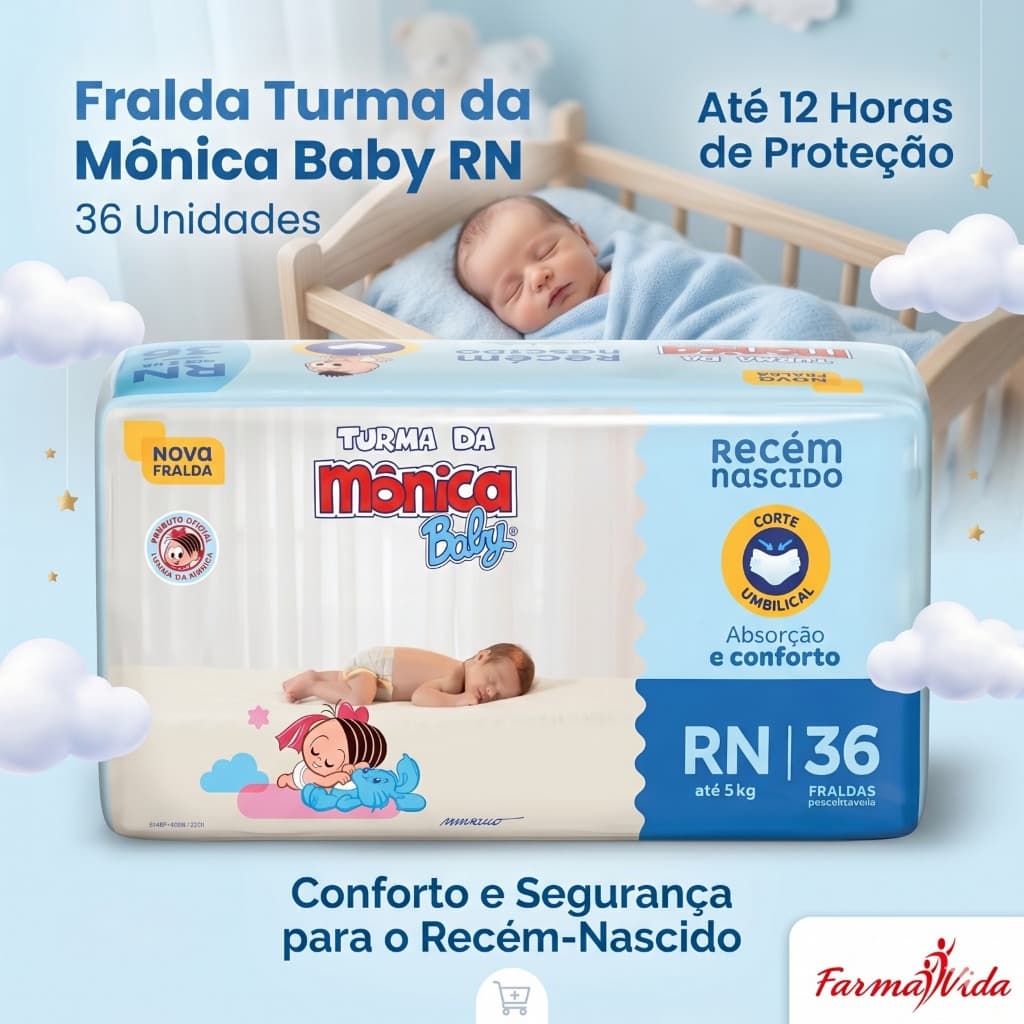 Fralda Descartável RN Turma da Mônica Baby Jumbo 36 Un Proteção Até 12h
