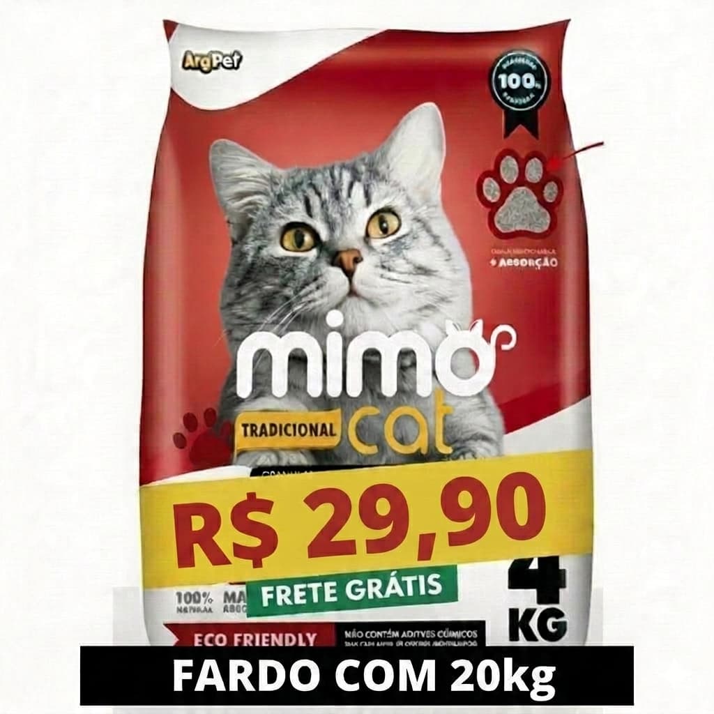 Kit 20Kg Areia Sanitária Higiênica Argila Natural para Gatos Grãos Médios Tradicional Mimo Cat