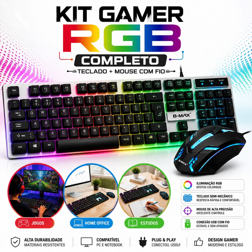 Kit Teclado e Mouse Gamer Semi-Mecânico Iluminação RGB Com Fio Para PC Notebook Gamer