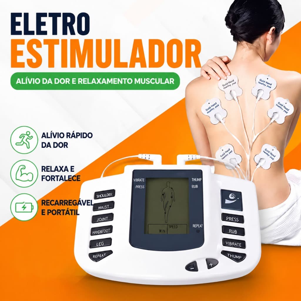Kit Massageador Elétrico com LCD 8 Níveis Eletrodos para Relaxamento Muscular