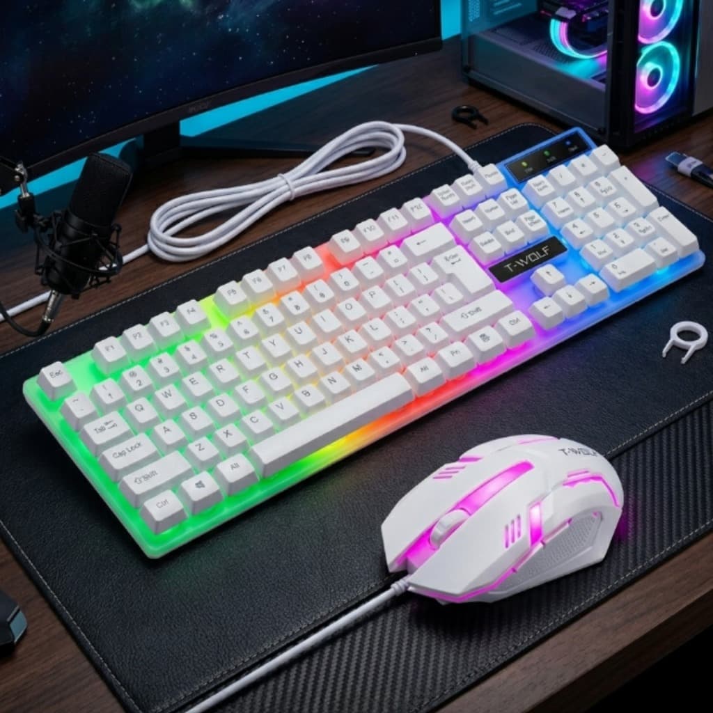 Kit Teclado Gamer RGB + Mouse LED USB com Iluminação Colorida para PC Notebook