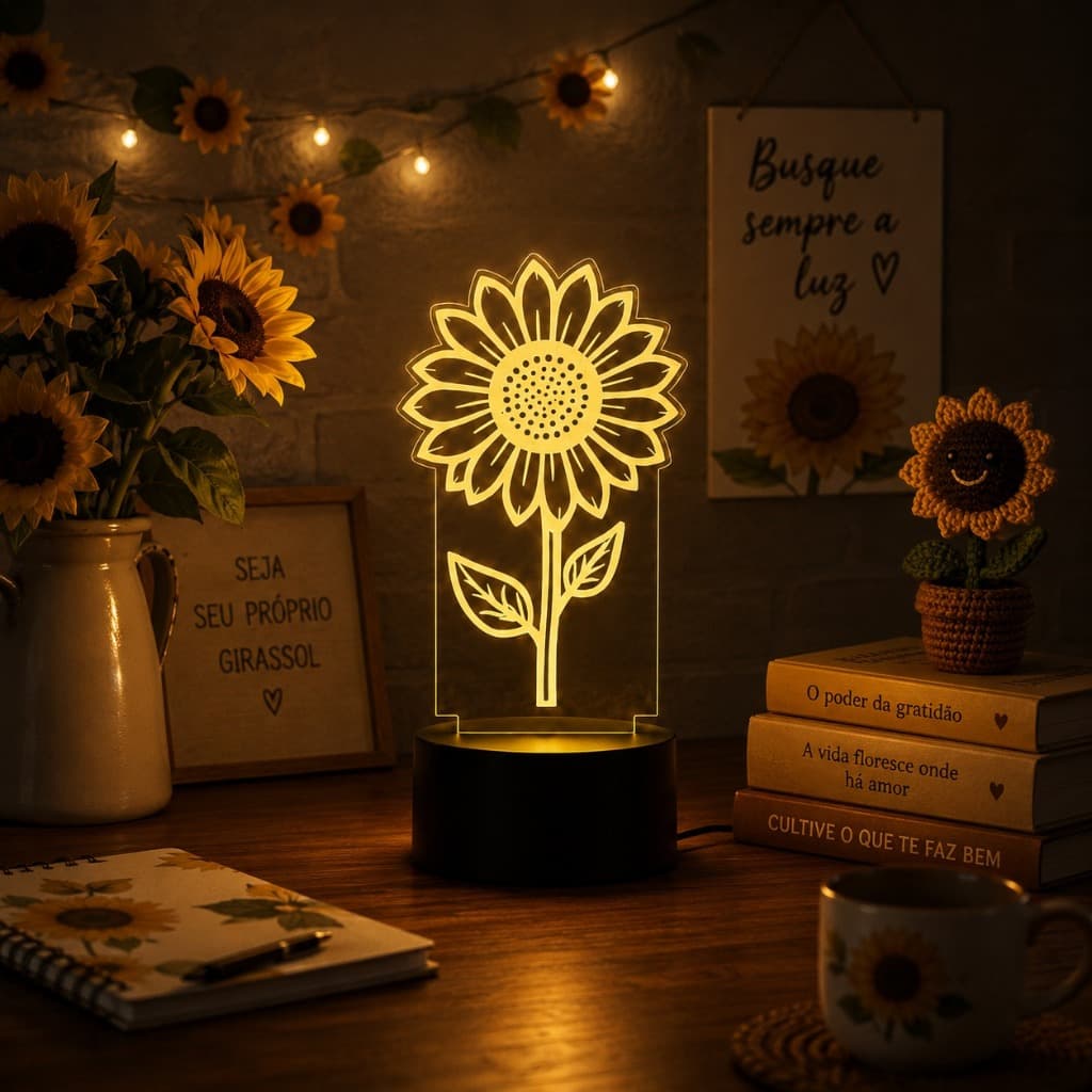 Luminária Led 3d | Girassol Flor | Abajur Presente Criativo Decoração Multicores