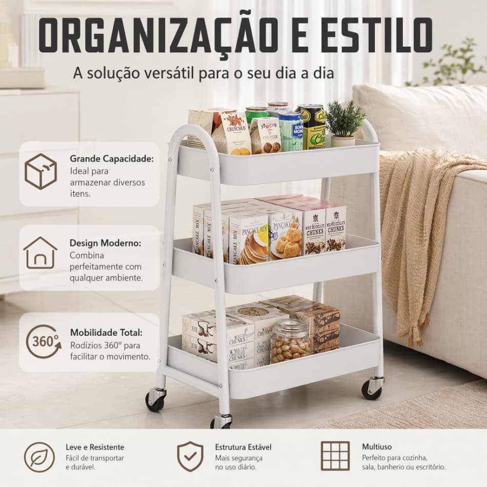 Carrinho Organizador 3 Prateleiras com Rodízios 360° Multiuso para Cozinha Sala Banheiro Escritório Armazenamento