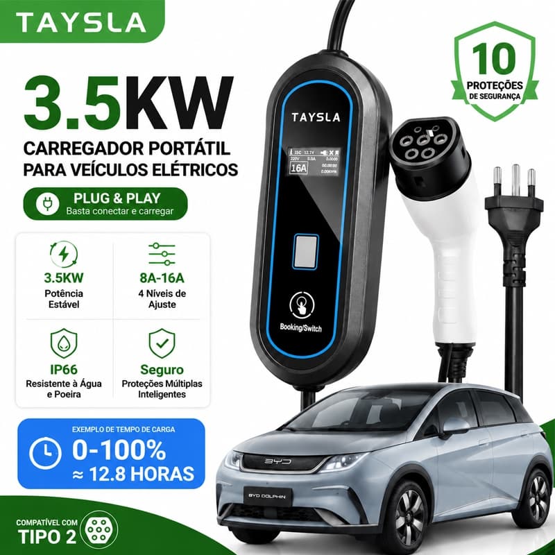 TAYSLA Carregador Veicular Portátil 3.5KW Tipo 2 Plug and Play 8A-16A EV Carregador Elétrico 20A