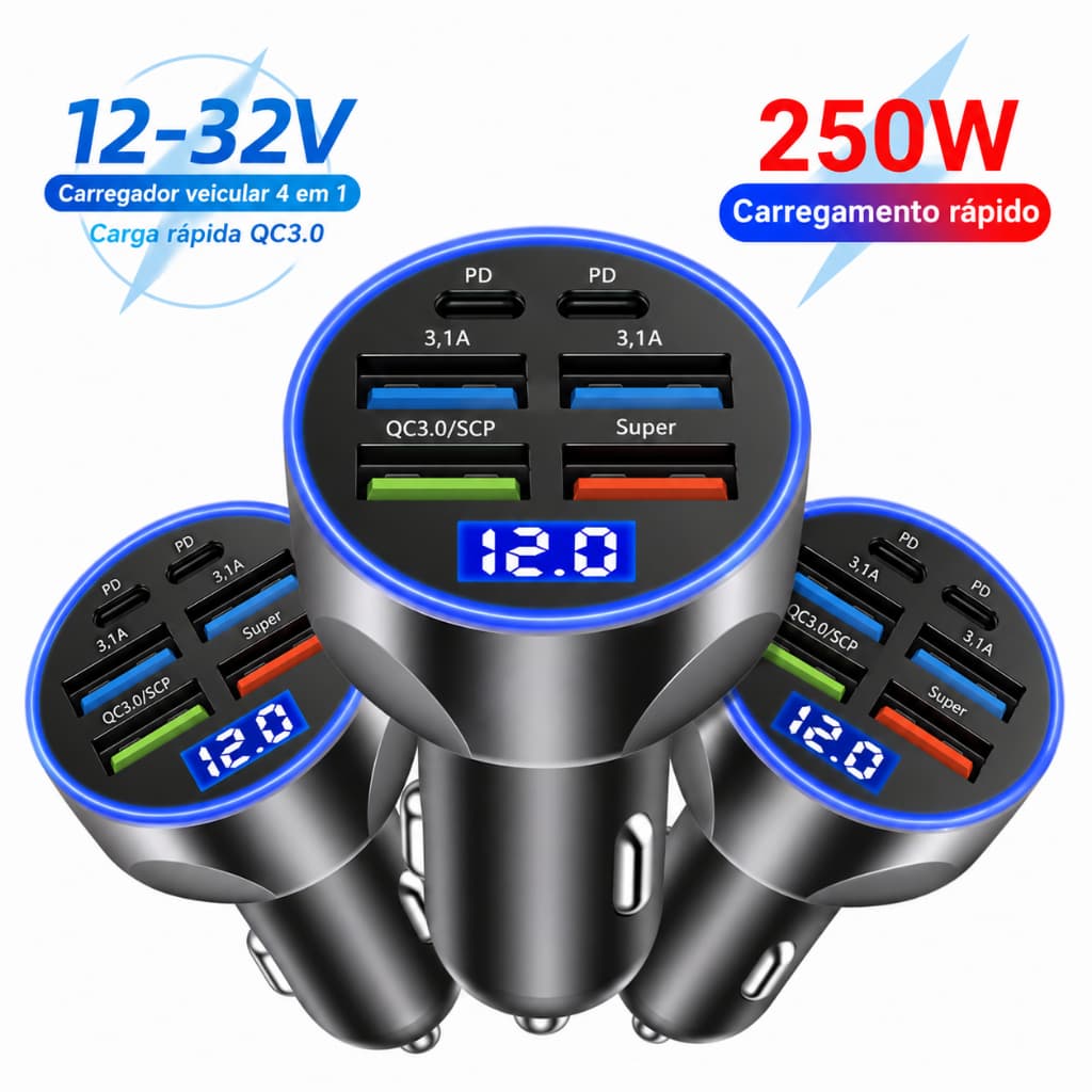 Carregador Veicular Turbo 6 Portas USB e USB-C PD QC3.0 Carro Display Digital