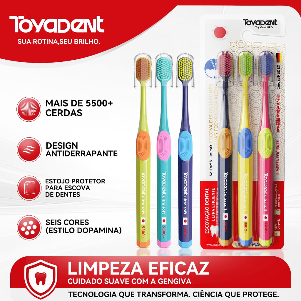 TOYADENTEscova Dental TOYADENT Ultra Soft, Kit 3 Unidades, 5500+ Cerdas, Cores Vibrantes