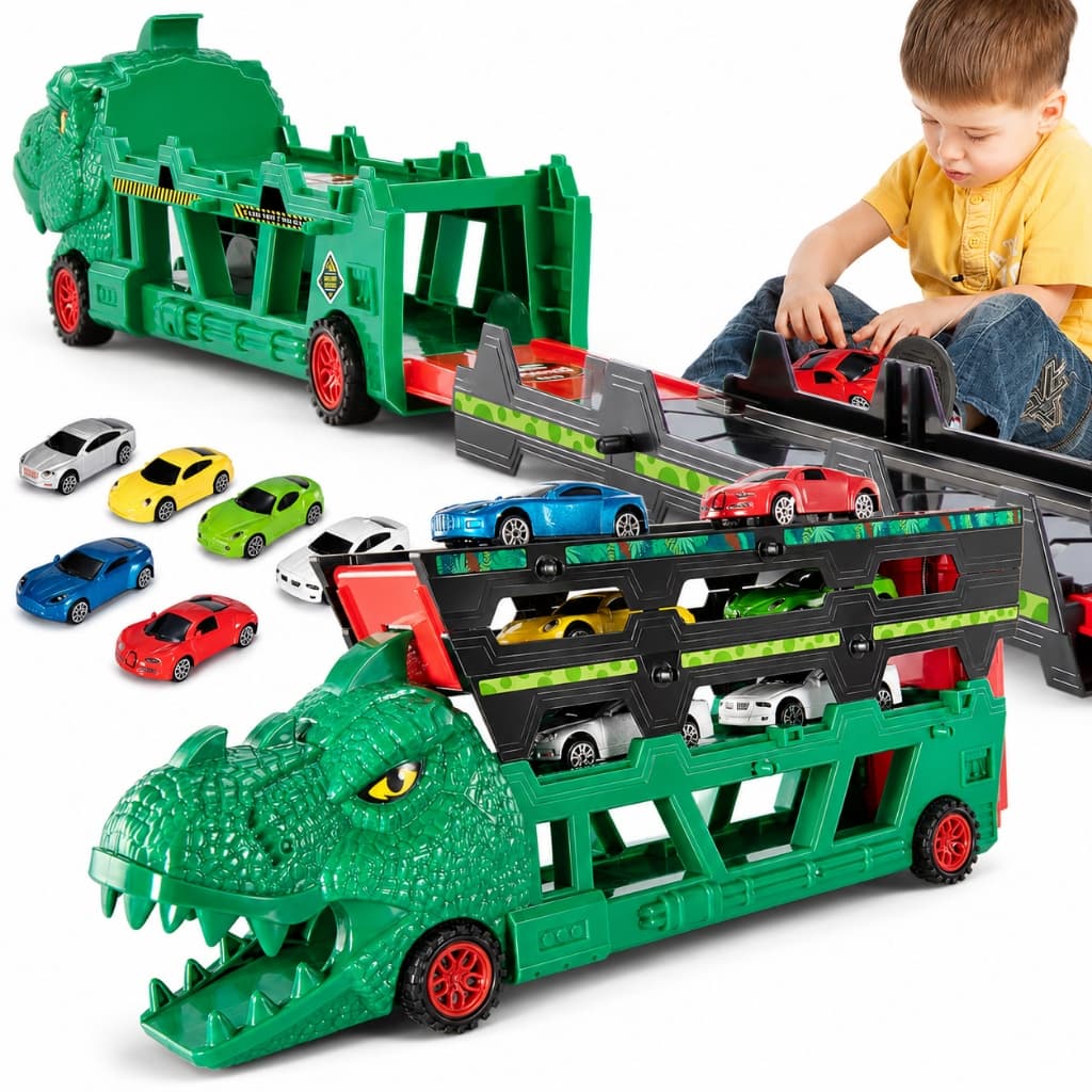 Carrinho Caminhão Carreta Cegonha Leva Carros Dinossauro Com Carrinhos Com Pista Infantil Kizumba