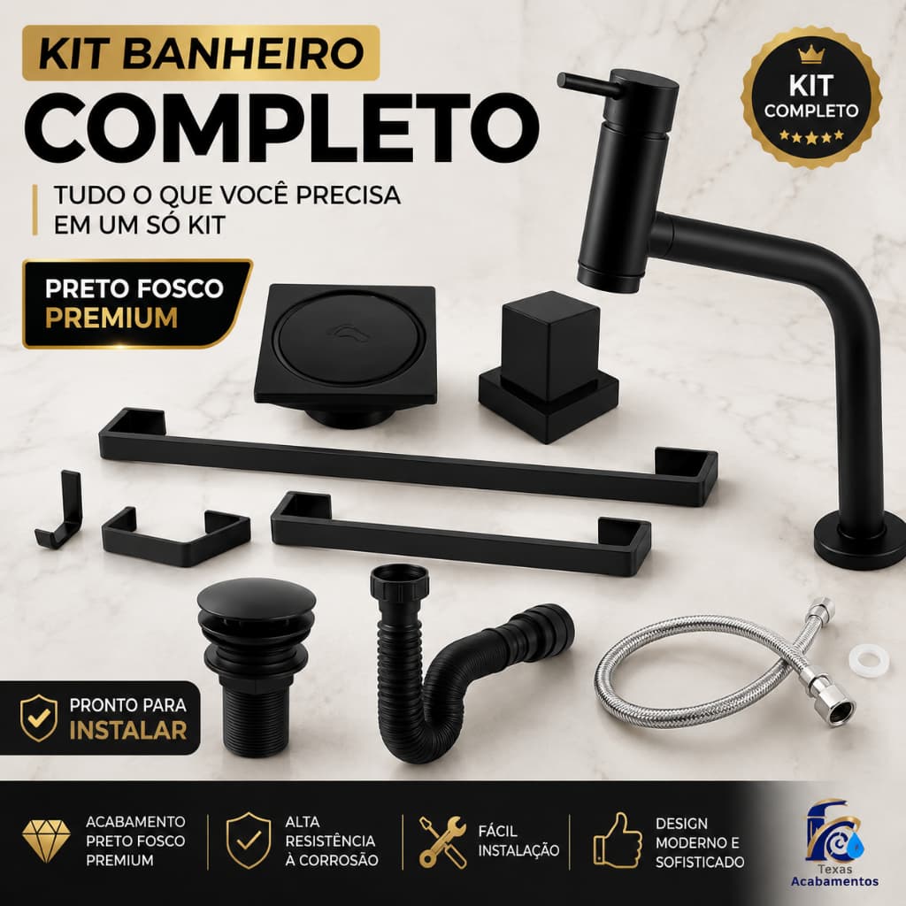 Kit Banheiro Preto Completo Luxo Torneira Alta Válvula Click Sifão Engate Porta Toalha Acessórios Premium