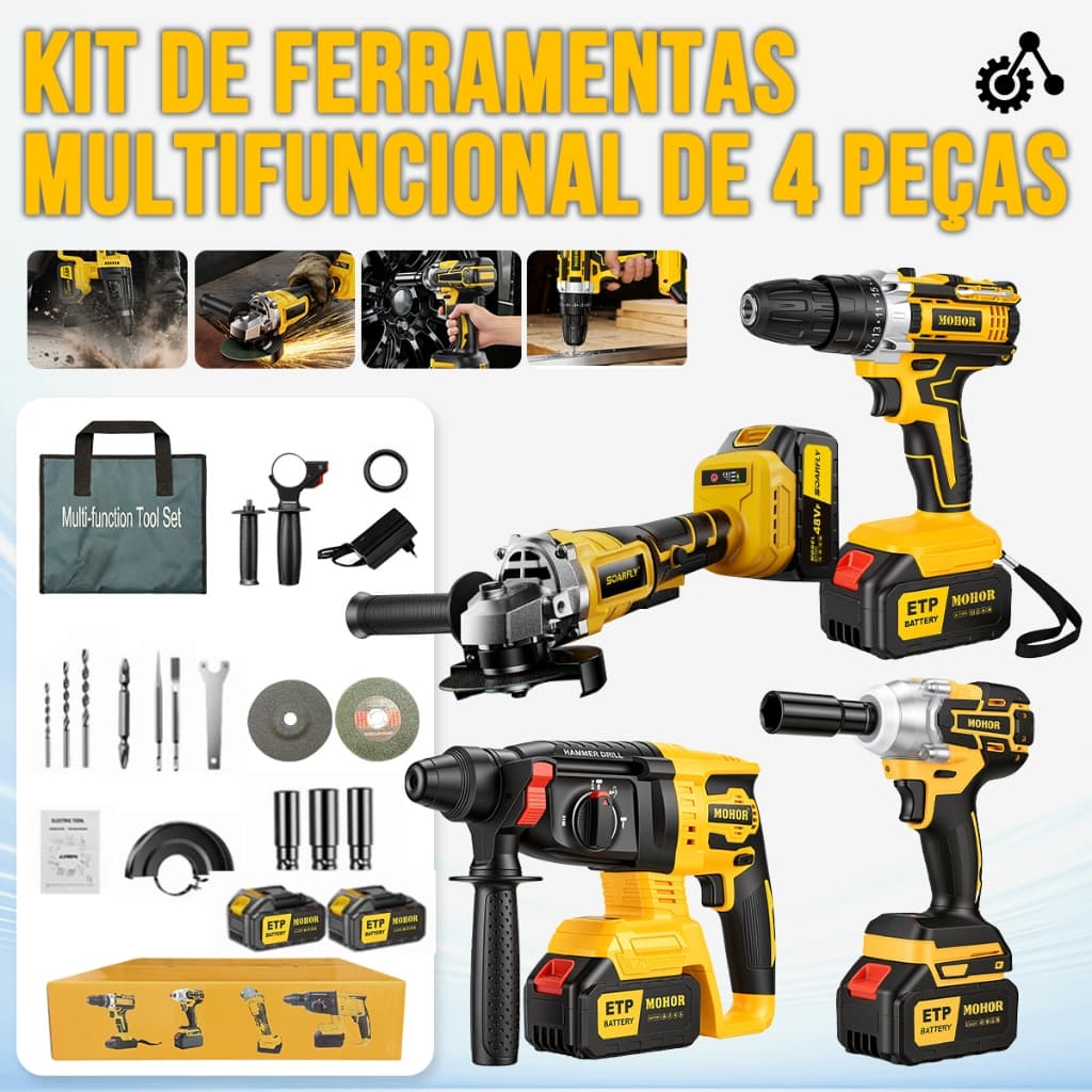 Kit Profissional 4 em 1 Sem Fio Furadeira Chave de Impacto Esmerilhadeira Parafusadeira Completo Maleta
