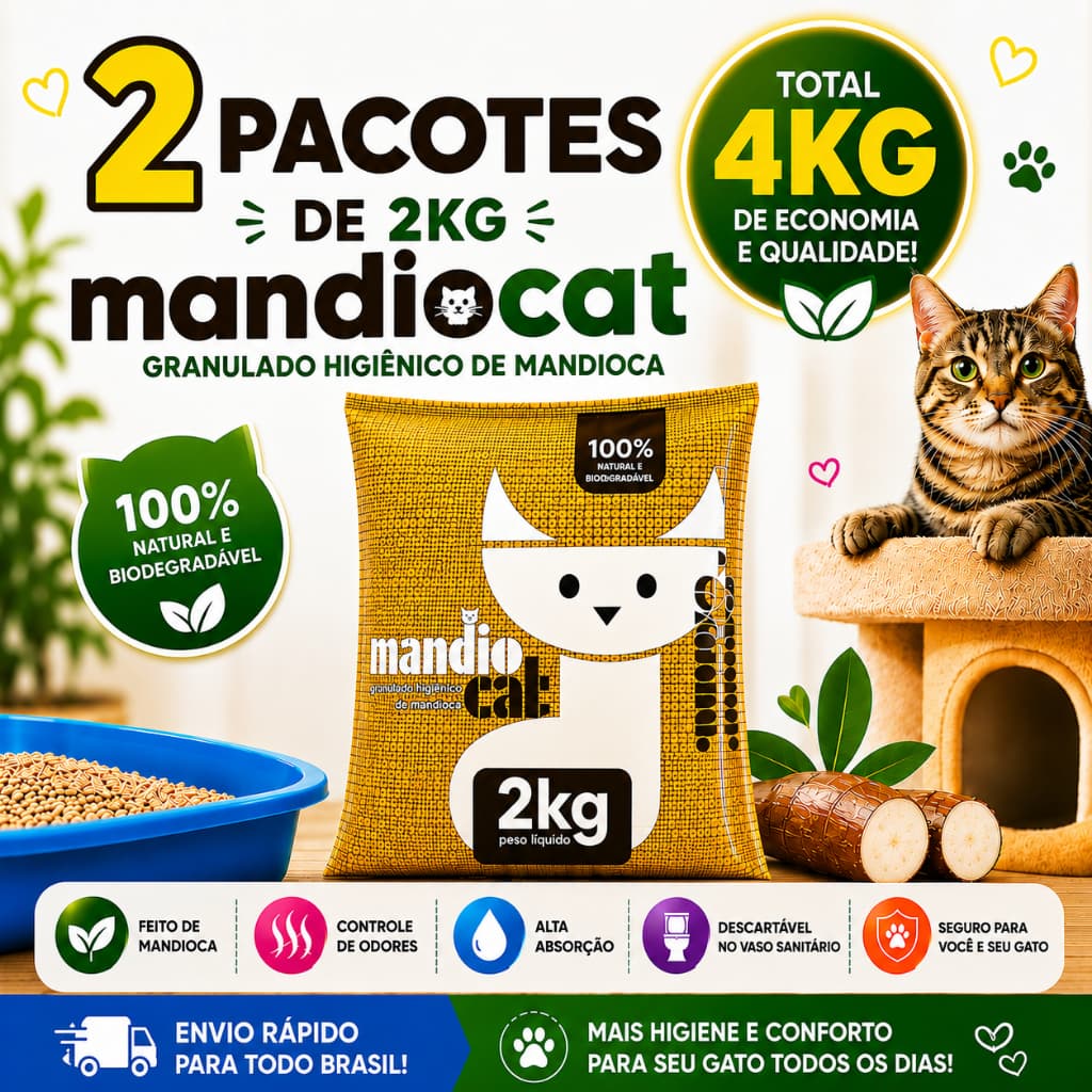 Kit 2 Areia Sanitária MandioCat 4Kg Pet Gato Zero Odor Higiênica Biodegradável e 100% Natural - Envio Rápido