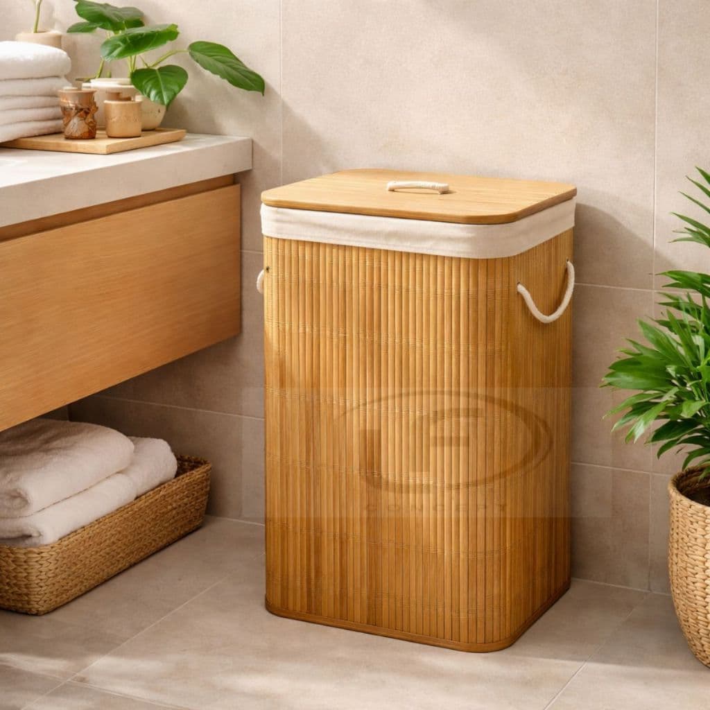 Cesto De Roupa Suja Bambu Organizador Forrado com Tampa Alças Banheiro Grande Cesto Retangular