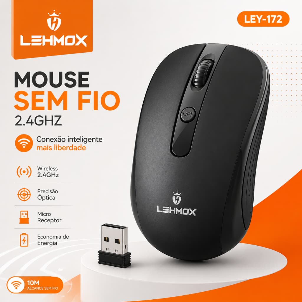 Mouse Sem Fio Lehmox LEY-172 Wireless 2.4GHz USB Óptico com Nano Receptor