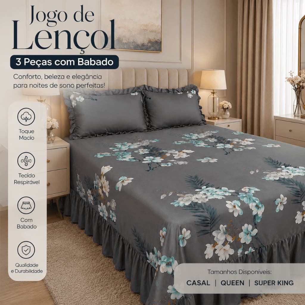 Jogo de Lençol Colcha 3 Peças com Babado Casal Queen Super King Estampado Toque Macio