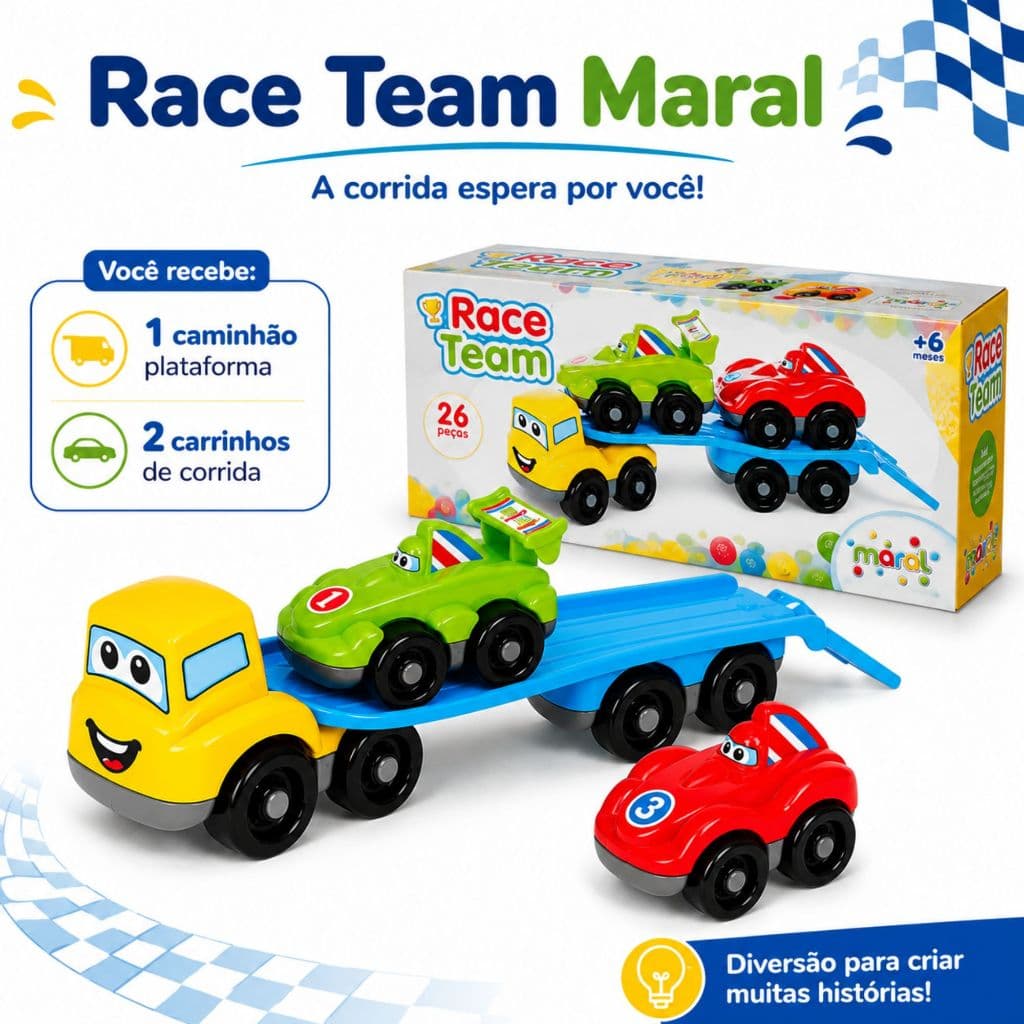 Kit Corrida Infantil Maral Race Team Caminhão Cegonha Com 2 Carrinhos Brinquedo Sem Controle Remoto