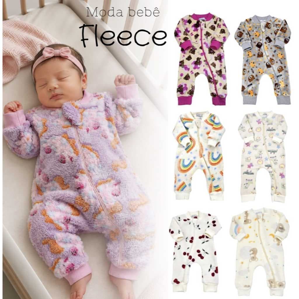 Macacão bebê em fleece pelucia premium estampado menino menina, maternidade, enxoval