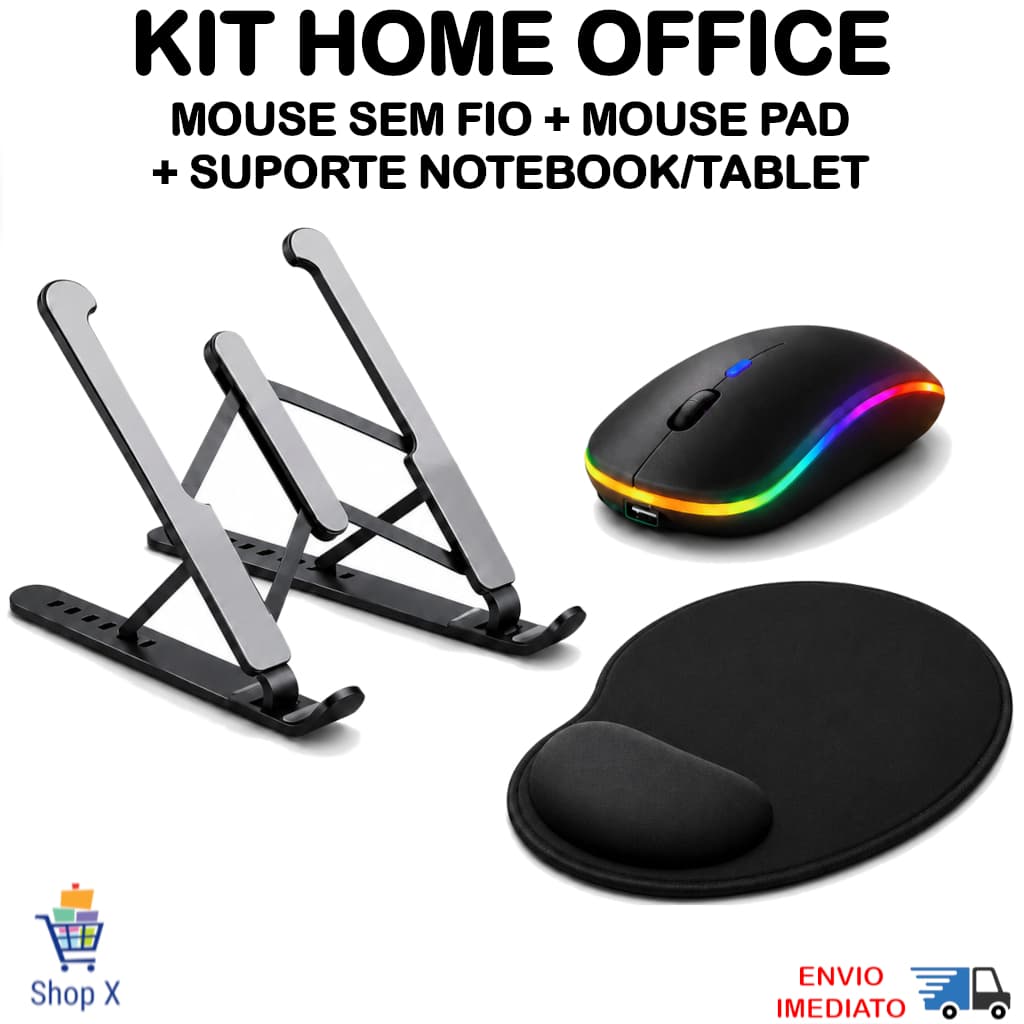 Kit Mouse Sem Fio Recarregável mais Suporte Notebook Tablet Regulável e Mousepad Home Office