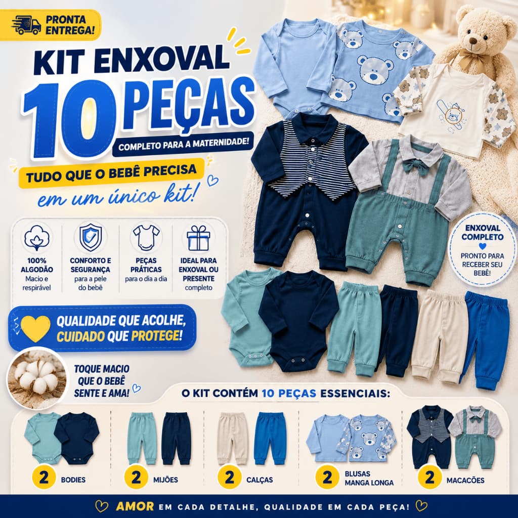 Kit Enxoval Bebê 10 Peças Menino Maternidade 100% Algodão Body Mijão Macacão Calça Inverno