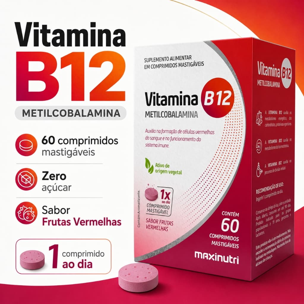 Vitamina B12 Metilcobalamina Maxinutri 60 Comprimidos Mastigáveis Zero Açúcar Frutas Vermelhas