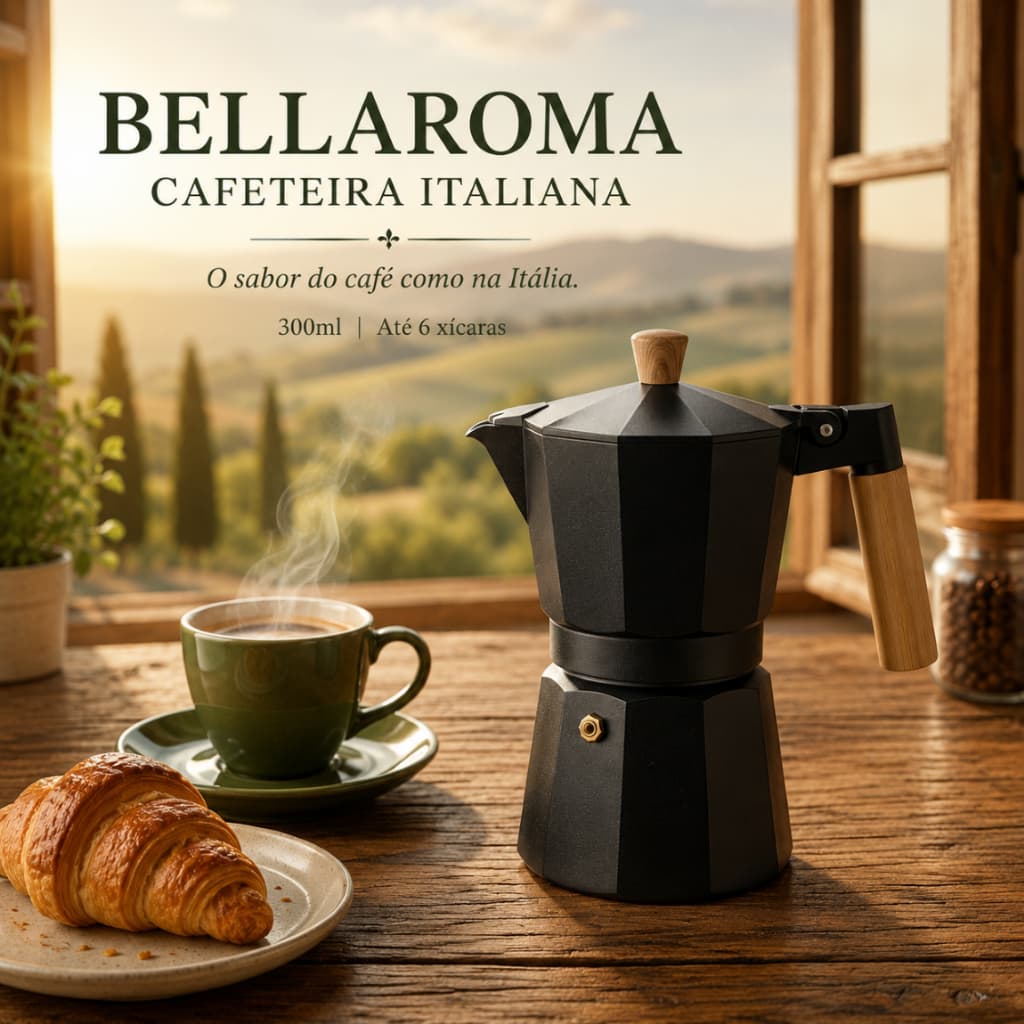 Cafeteira Italiana Moka 6 Xícaras 300ml Cabo em Madeira Alumínio Premium Café Expresso Design Clássico Milão