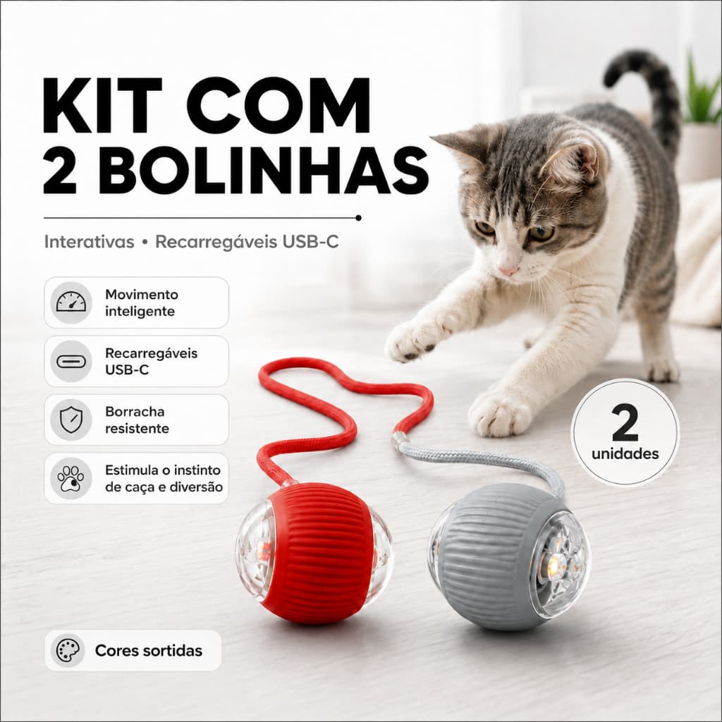 kit 2 Bola Pet Inteligente Giratória Recarregável Usb Brinquedo Cachorro Gato Sortido Bolinha