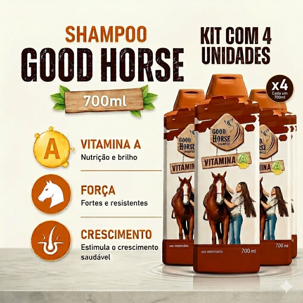 Kit 4 Shampoo Good Horse 700mL para Crescimento e Fortalecimento Cavalo Vitamina A