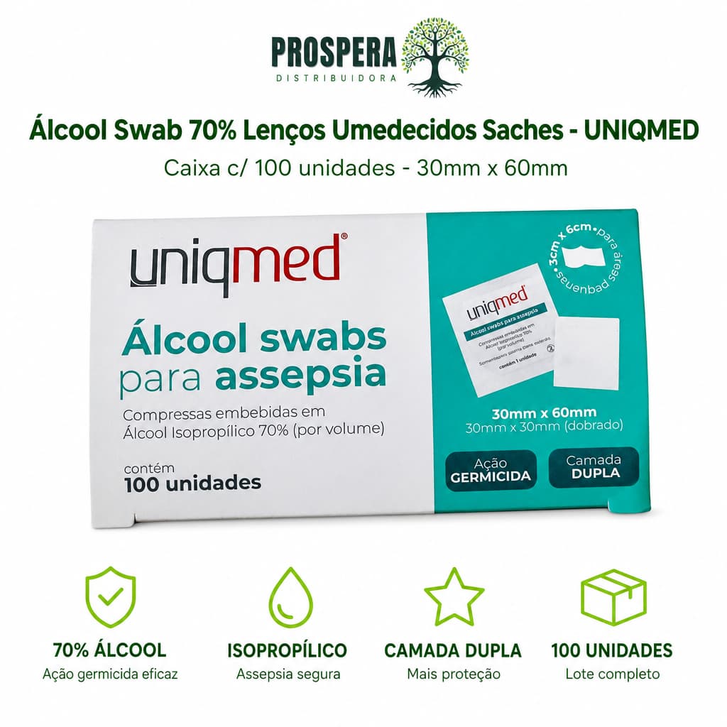 Álcool Swab 70% Lenços Umedecidos Saches UNIQMED kit c/ 100, 300, 500 unidades