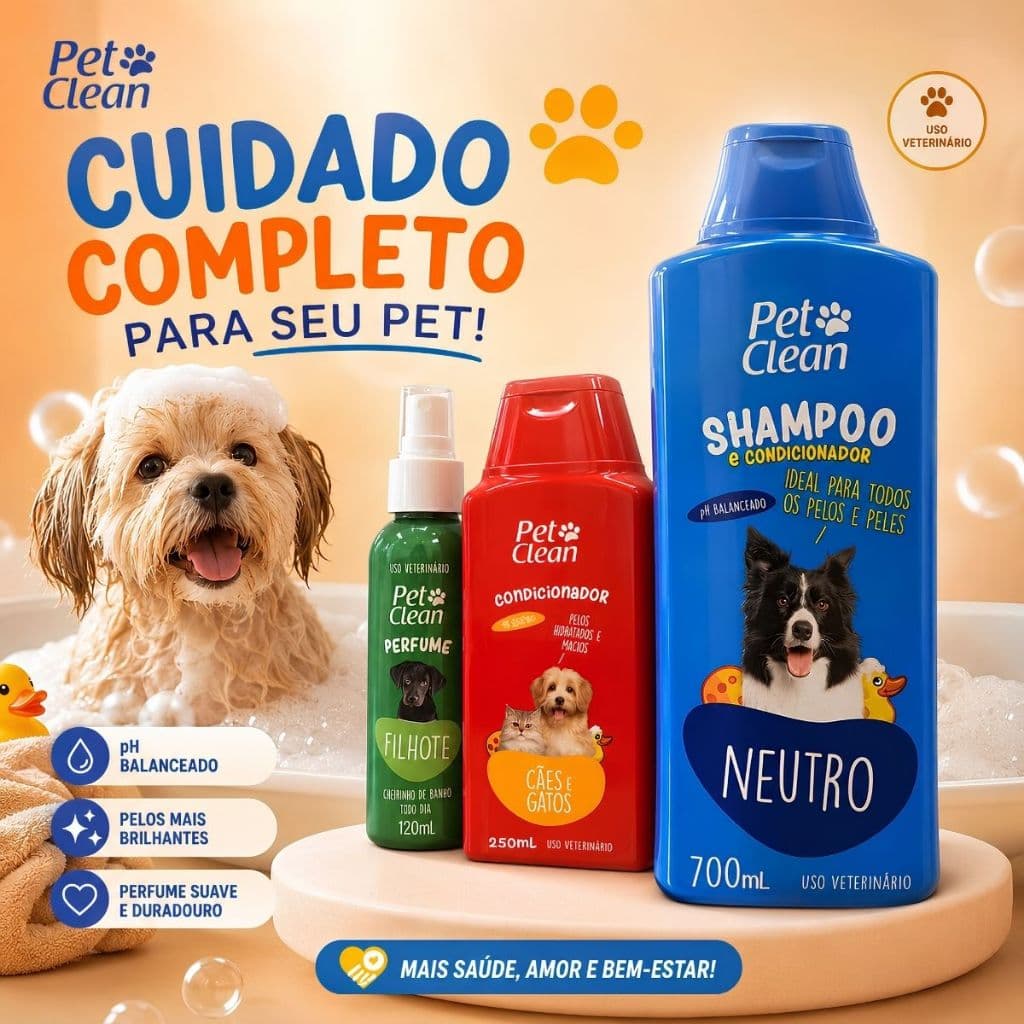 KIT Shampoo para cães Pet Clean 01 Shampoo Neutro 01 Condicionador 01 Perfume 01 Escova para cachorros pet