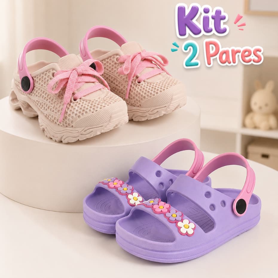 Kit 2 Pares Tênis Infantil Menina e Sandália Florzinha Confortável