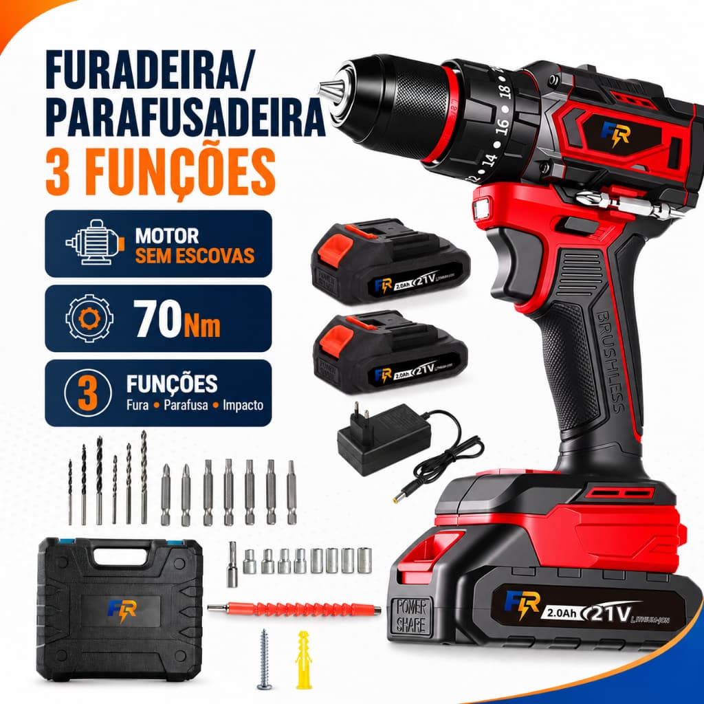 Parafusadeira Furadeira Impacto 21V Profissional Brushless 70Nm 2 Baterias 2.0Ah