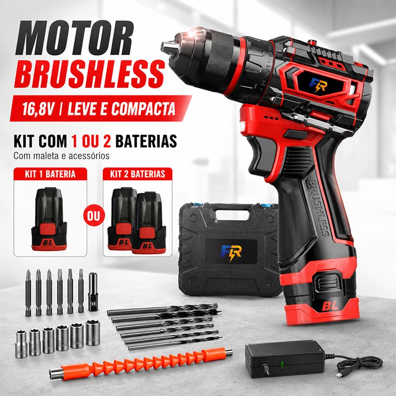 Furadeira Parafusadeira de Impacto Brushless 16,8V 60 Nm com 1 ou 2 Baterias
