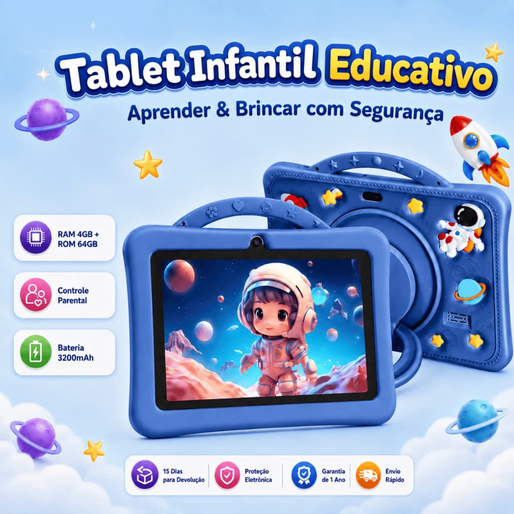 Tablet Infantil Kids 7 Polegada com wifi bluetooth Android Super Resistente Smart FLUX